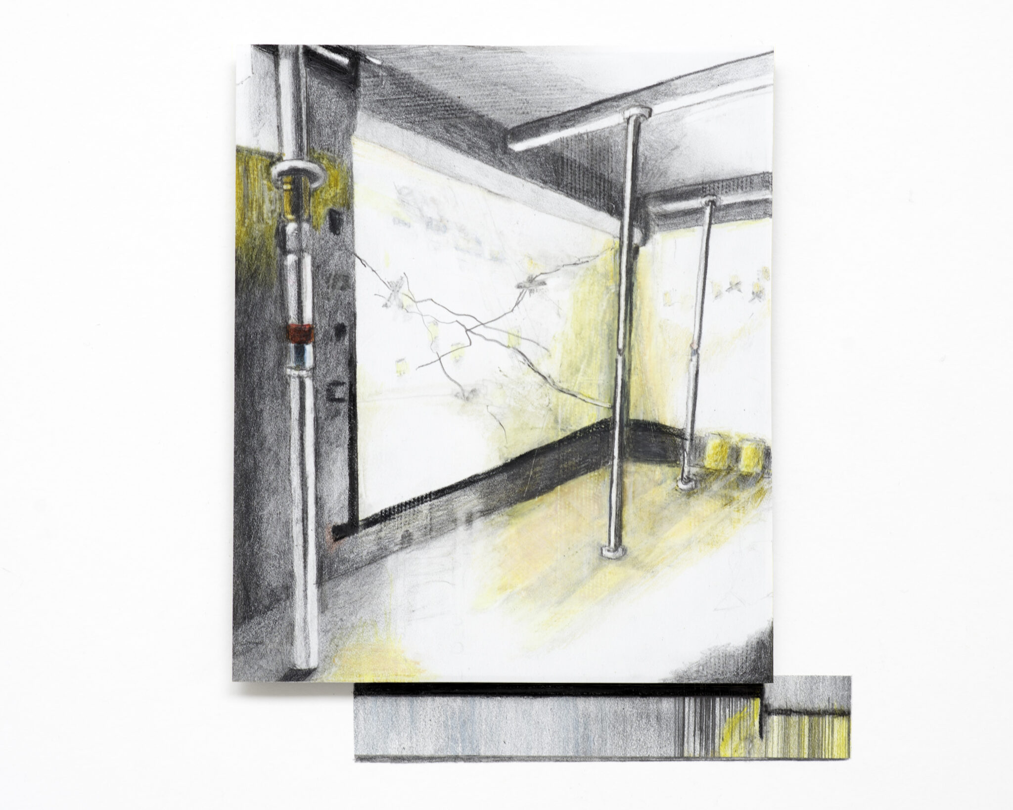 INDOOR LANDSCAPE 3,  (colour)pencil, ink on stonepaper on foam on board, collage,27x21 cm, 2026/2025